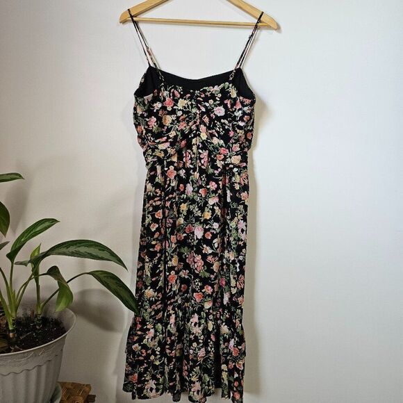 EUC FOREVER 21 FLORAL SPAGHETTI STRAP MIDI DRESS RUCHED RUFFLED SIZE LARGE - Picture 2 of 14